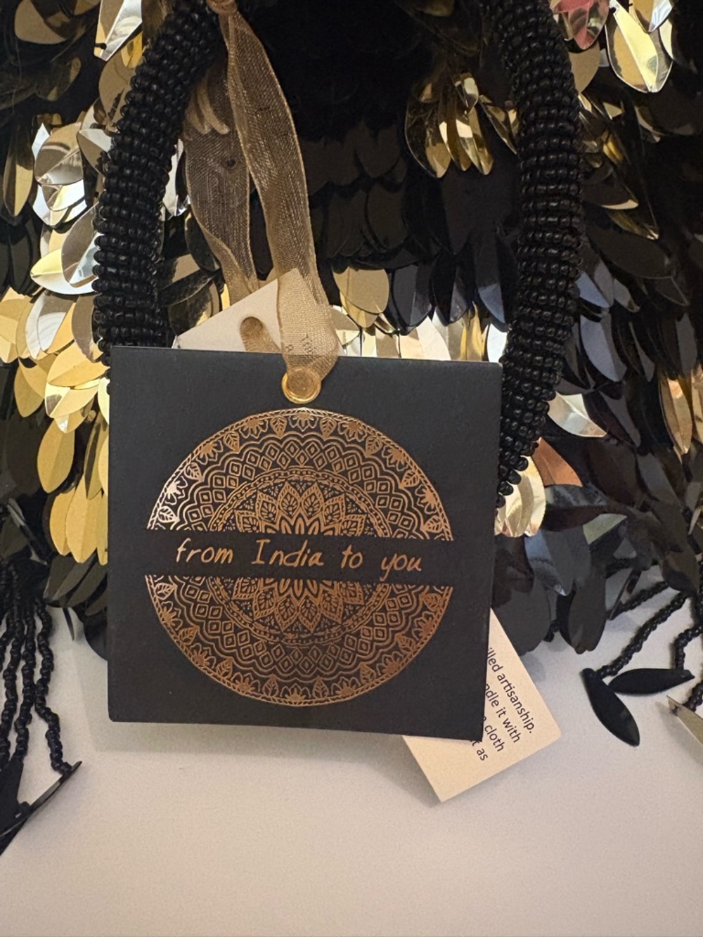 Sequin Tassel Bucket Bag in Black and Gold - Picture 2 of 4